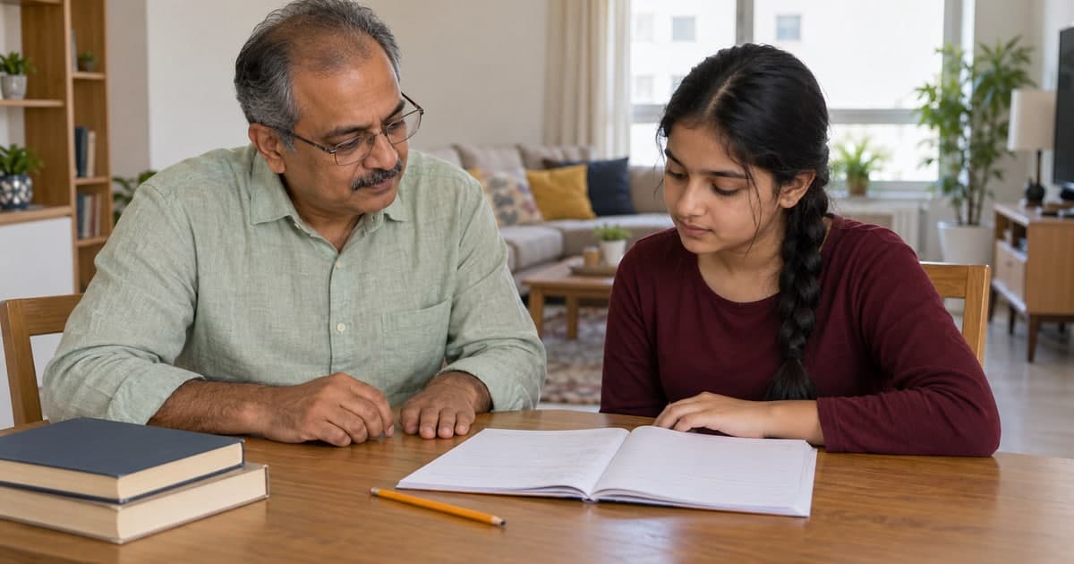 Older male tutor and teenage student reviewing an exercise notebook in an open family study area