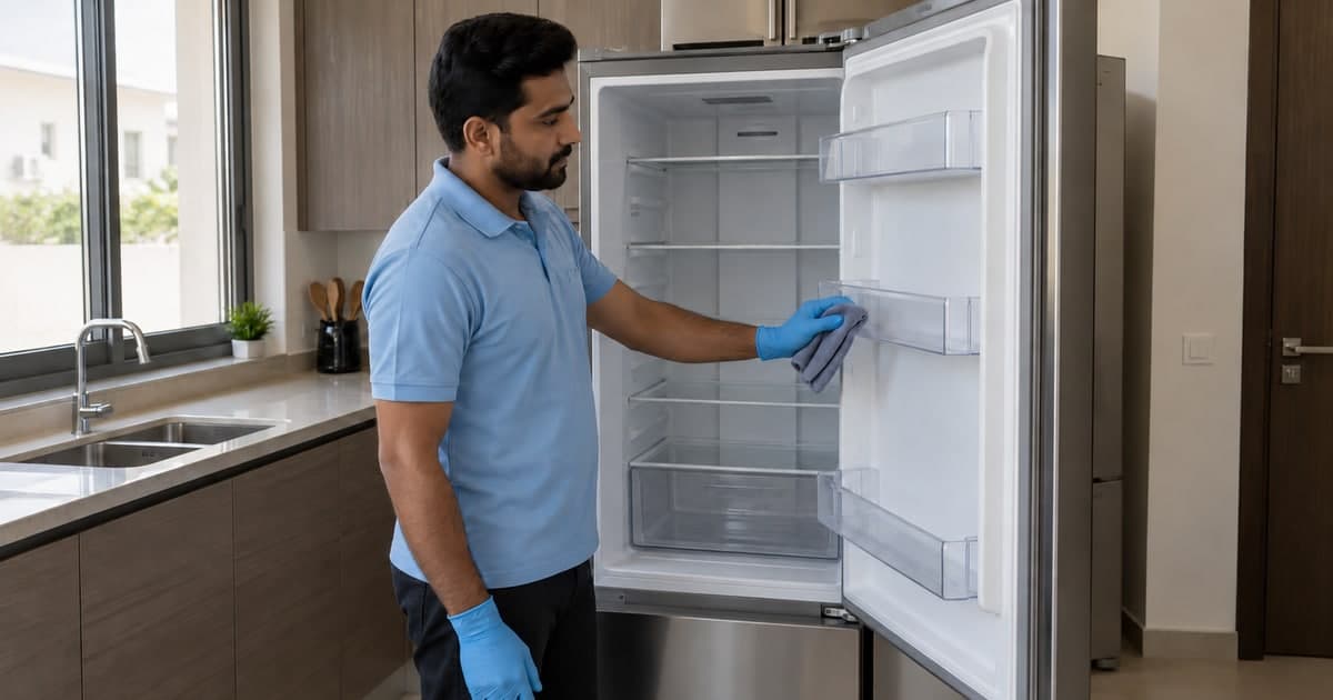 Cleaner wiping a shelf in an empty refrigerator with a microfiber cloth