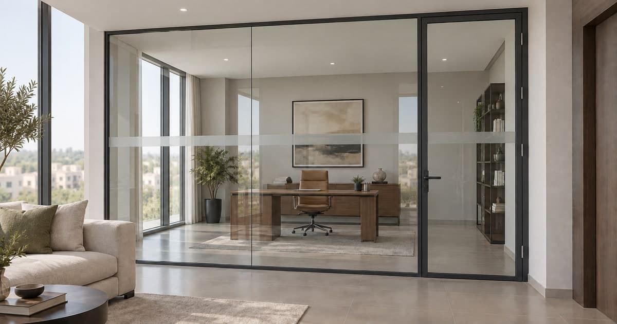 Framed glass partition with a closed hinged door separating a home office