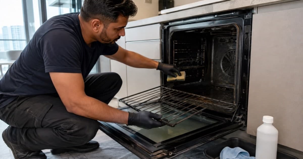 Cleaner wiping the cavity of an open domestic oven while holding a removable rack