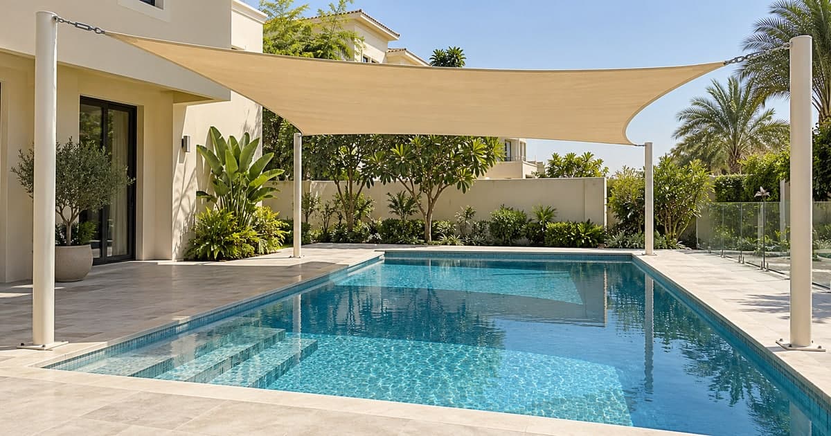 Beige four-corner shade sail on ivory posts above part of a rectangular villa pool
