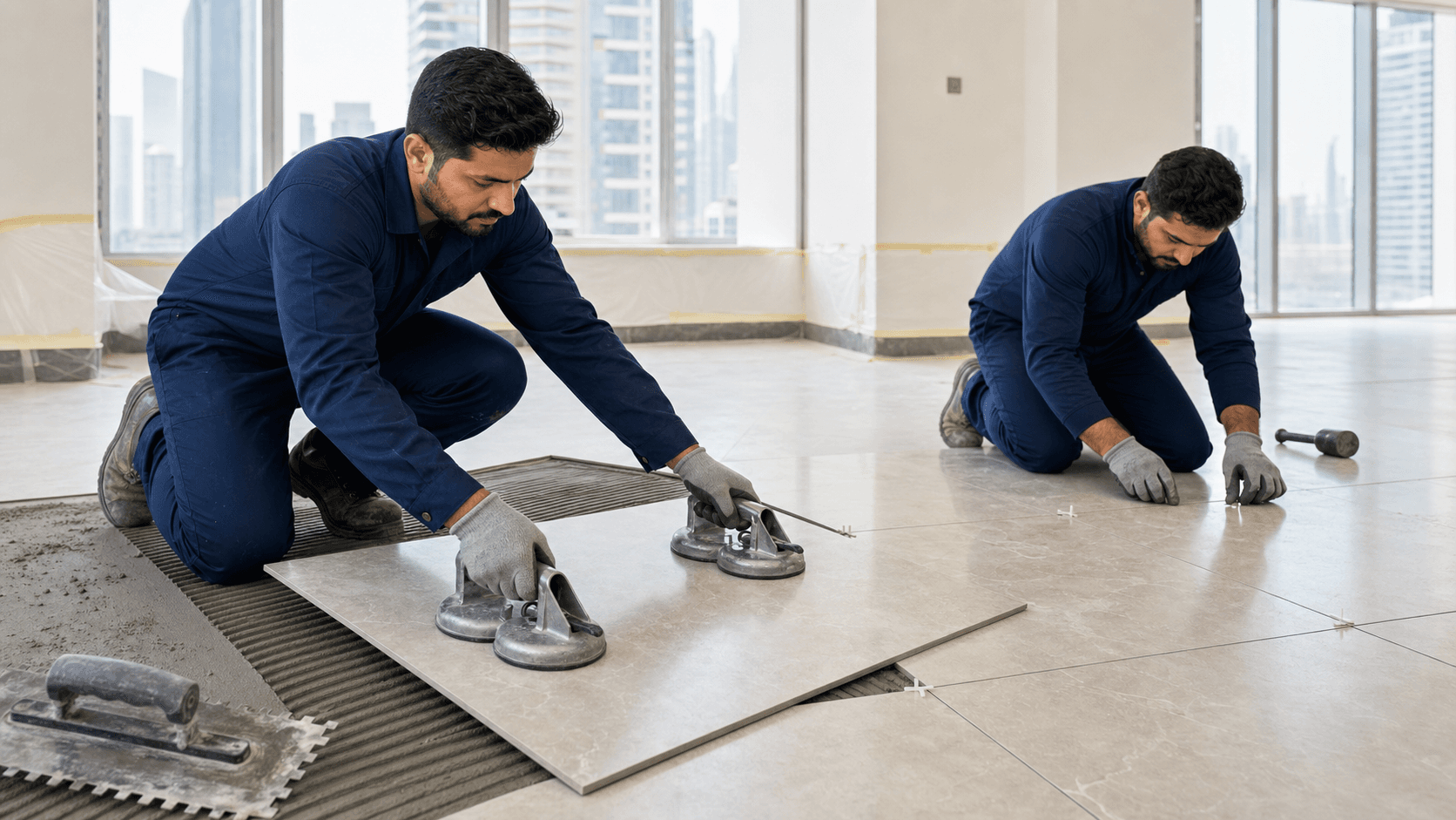 Tiling Dubai Cost Guide 2026 - Dubai tiling costs depend on tile supply, fixing labour, removal, screed, waterproofing, tile size and whether the quote is labour-only or all-in.