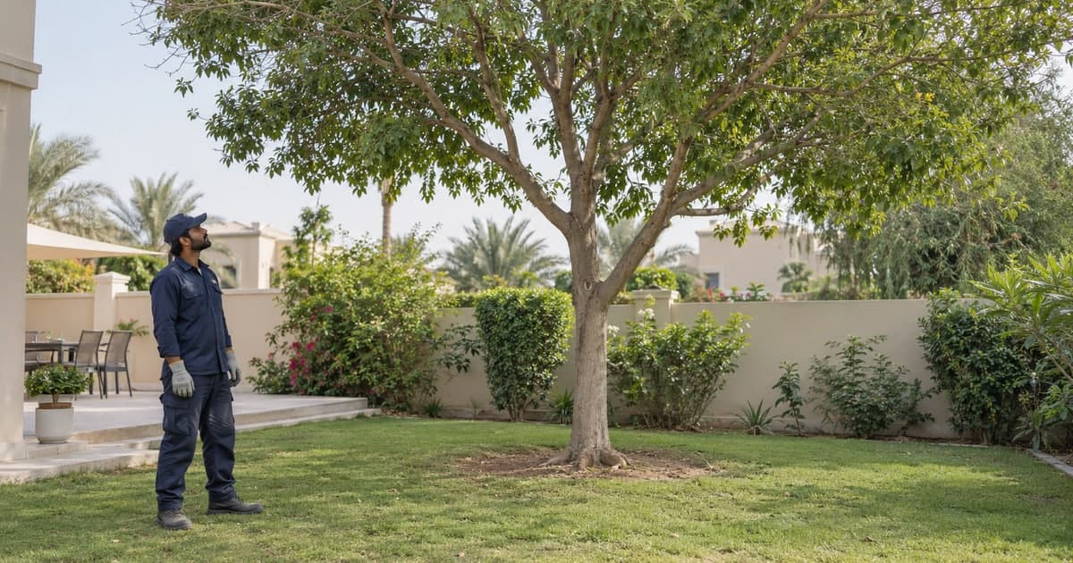 Gardener standing on level ground assessing a mature shade tree in a villa garden
