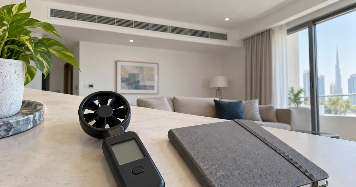 Vane airflow instrument and notebook below a room supply grille