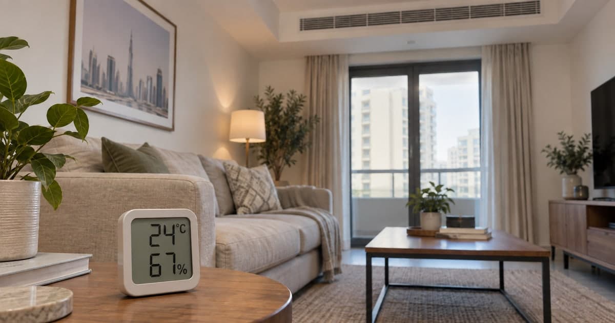 Room thermometer and humidity meter on an apartment side table