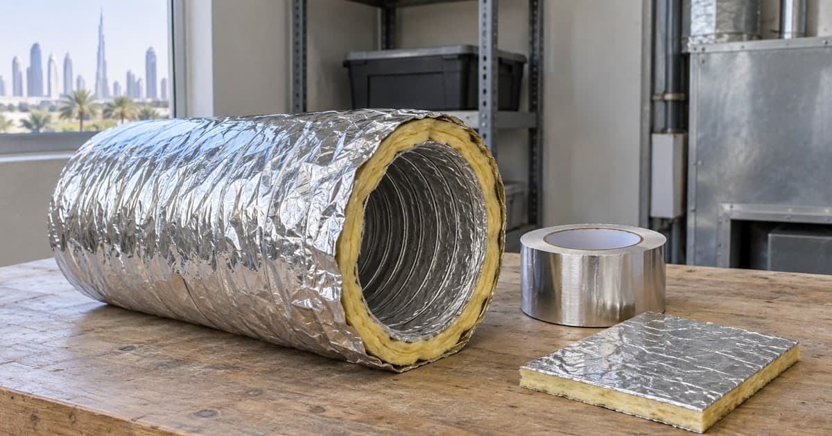 Loose insulated duct section, foil tape and insulation sample