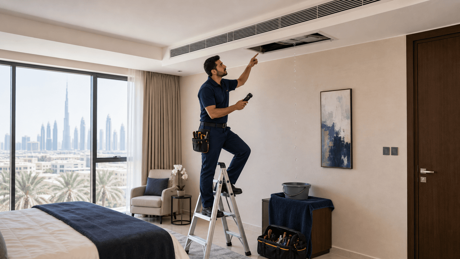 AC Leaking Water Dubai: 6 Causes & Repair Costs - AC dripping water in Dubai? Learn the 6 common causes, safe self-checks, repair costs from AED 99, and when to compare AC technician quotes. As of May 2026