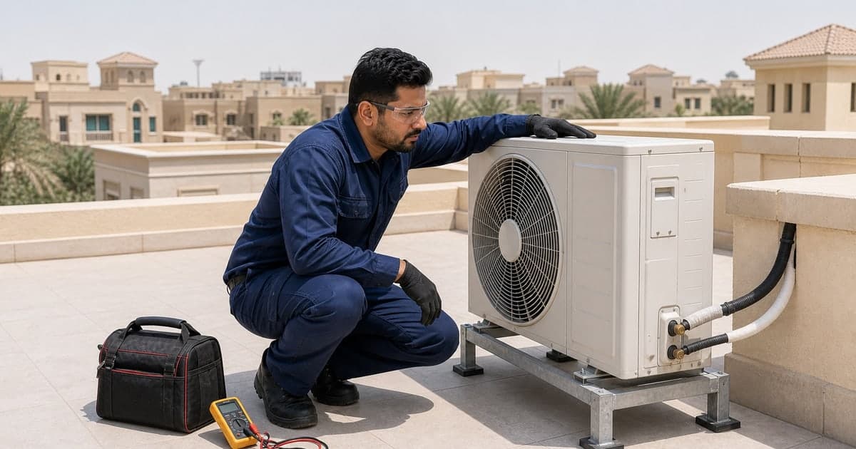 Technician beside an outdoor AC unit on stable supports