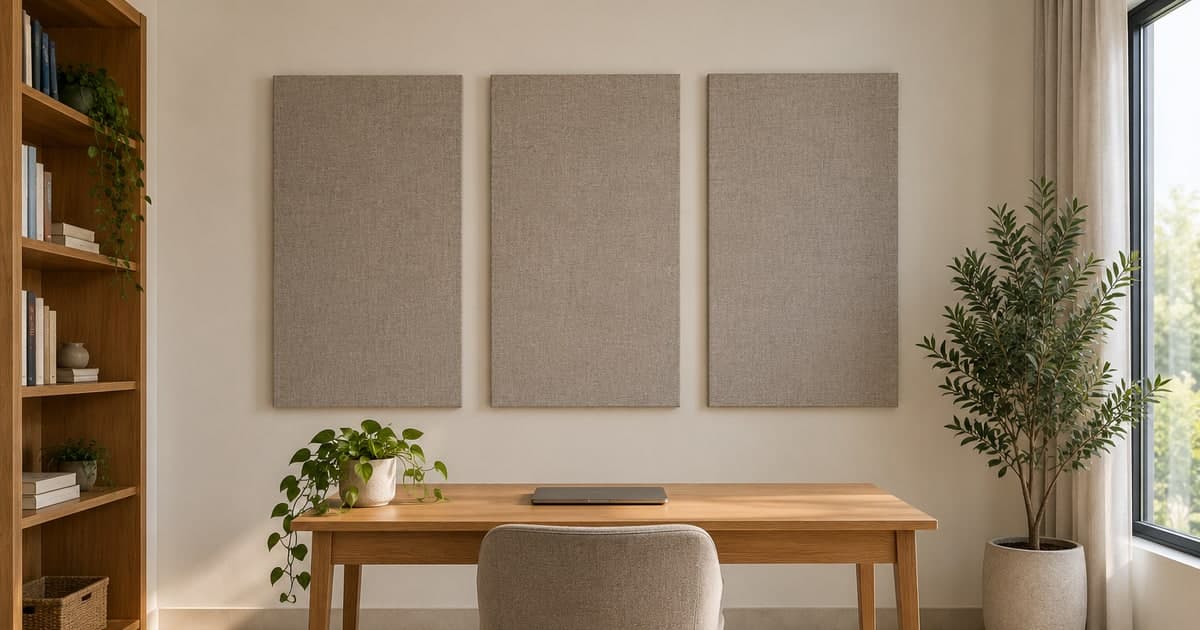 Three fabric-faced acoustic panels mounted above a desk in a bright home study.