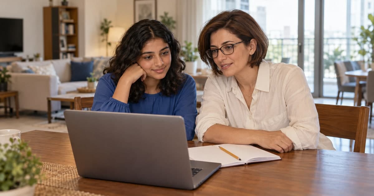 Tutor and older teenage pupil reviewing a laptop together at home