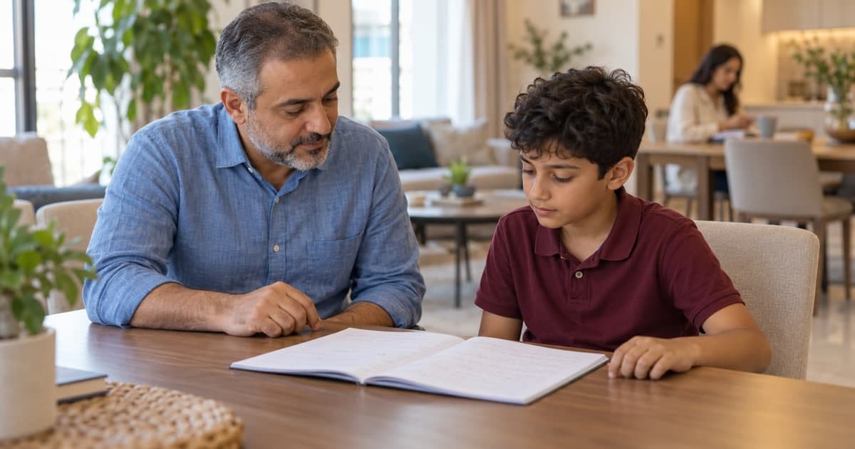 Tutor and pupil reviewing an exercise book in an open family study area