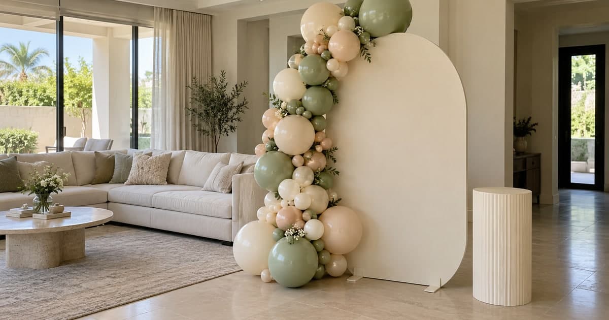 Freestanding balloon garland and plain backdrop arranged in a villa living room.