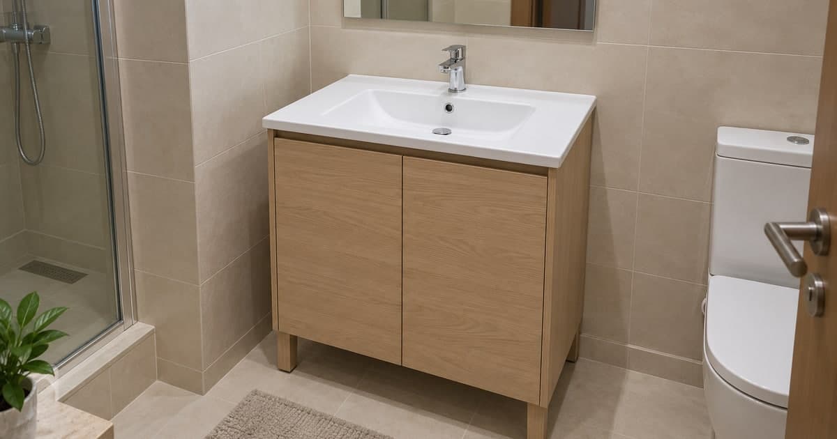 Freestanding oak-effect bathroom vanity with a fitted ceramic basin and chrome mixer