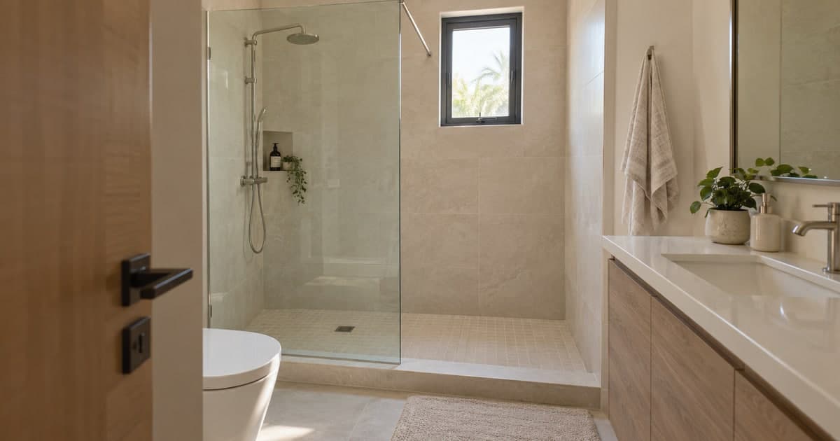 Tiled shower alcove with a fixed glass screen and a raised entry threshold