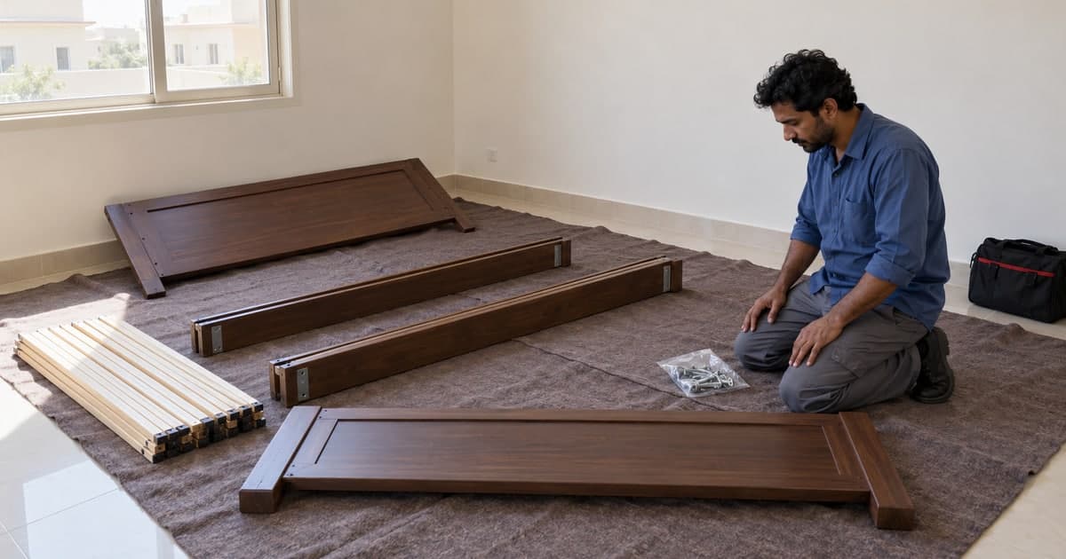 Furniture technician checking protected bed components and a hardware bag in an empty bedroom