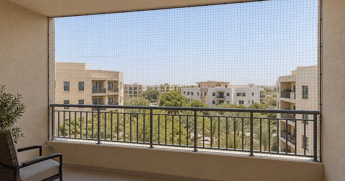 Taut bird-exclusion net across a sheltered apartment balcony opening