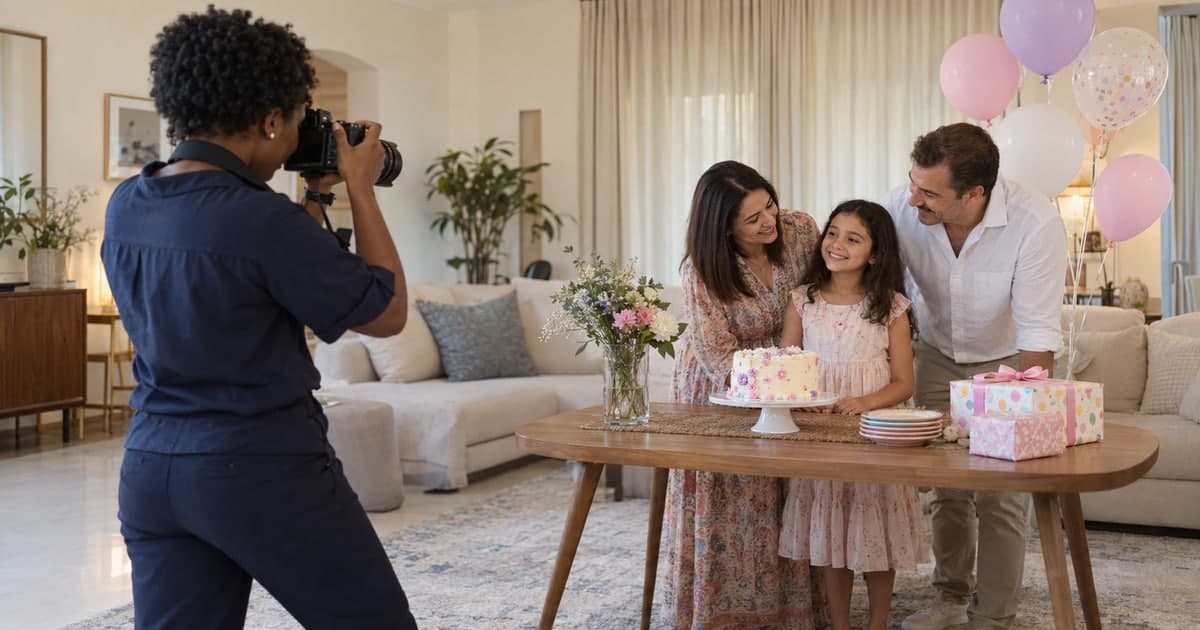 Photographer capturing a family beside a birthday cake in their living room