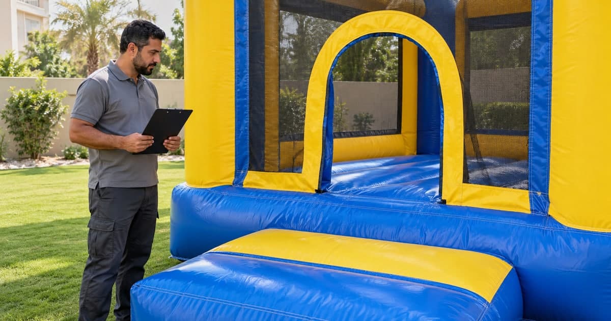 Rental technician checking an empty inflatable entrance in a villa garden.