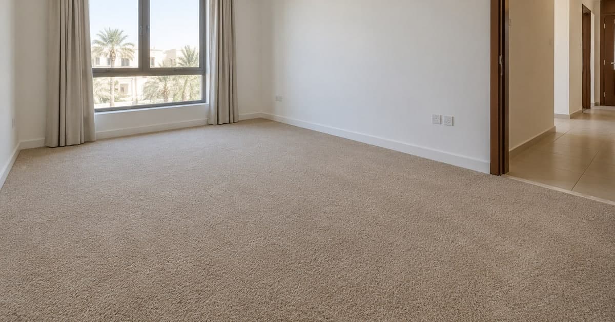 Empty bedroom with fitted beige wall-to-wall carpet and a clear transition to a tiled hallway