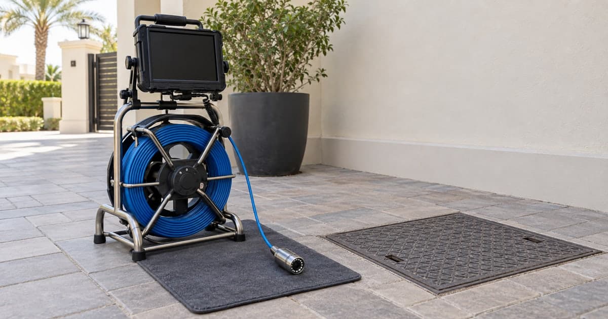 Drain-inspection camera reel beside a closed inspection cover