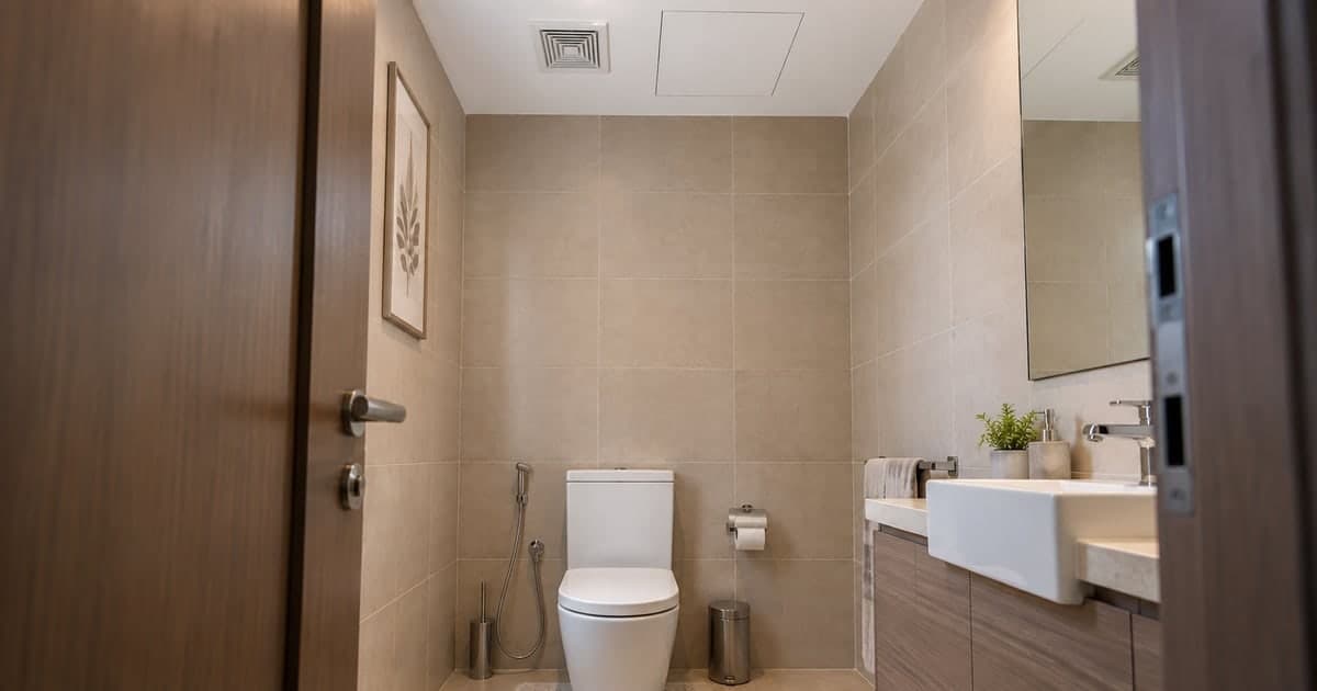 Bathroom ceiling with a closed service panel and separate extract grille