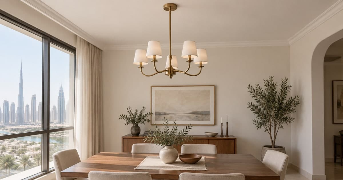 Modest chandelier suspended above a dining table