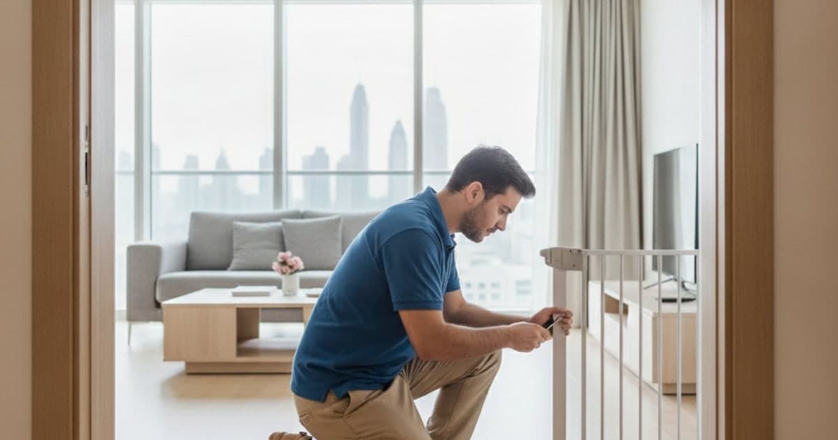 Technician assessing a gate at an indoor doorway