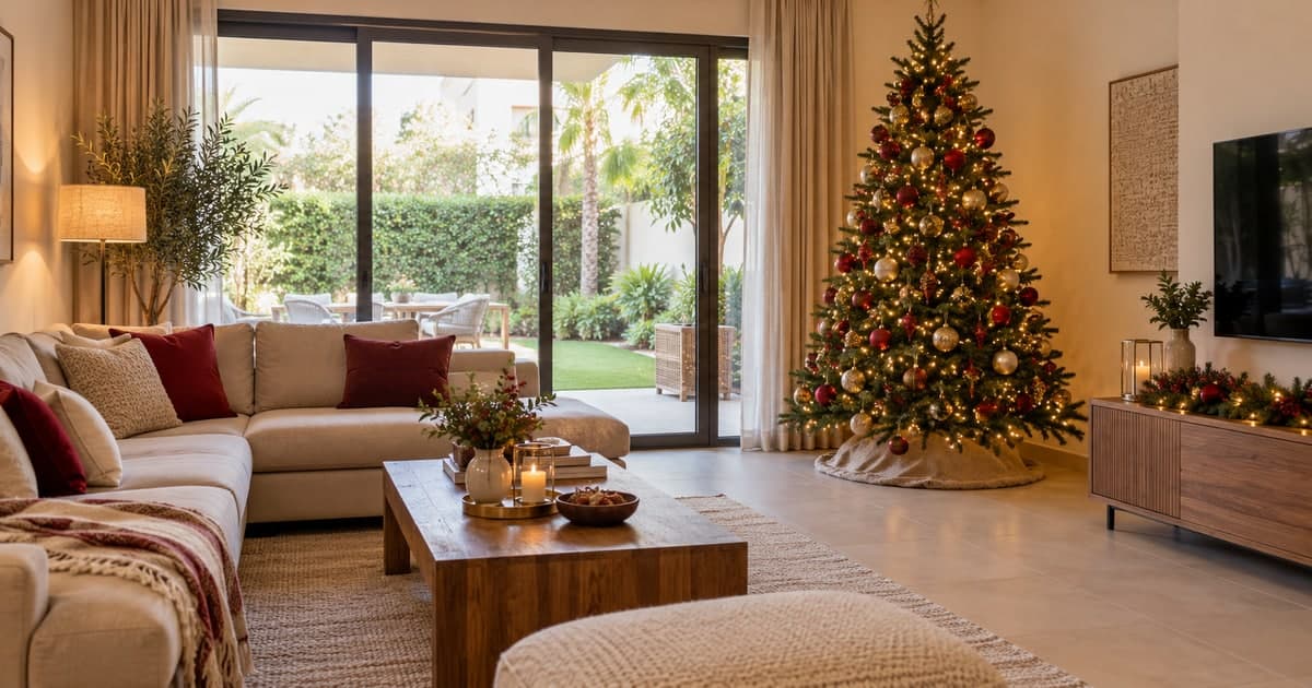 Decorated Christmas tree beside a clear walkway in a neutral villa living room