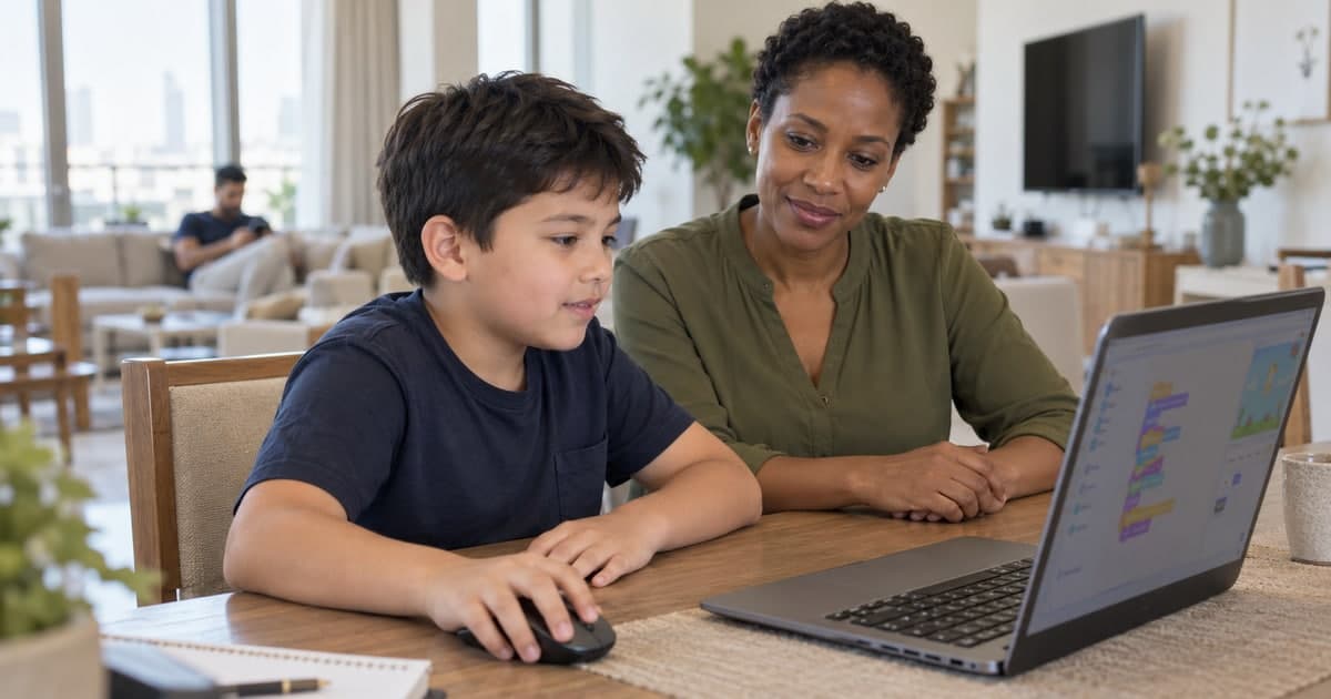 Boy using a laptop beside a female coding instructor in a shared apartment living area