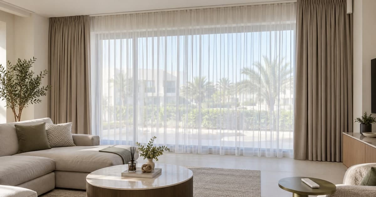 Full-height neutral curtains and sheers beside a residential sitting area
