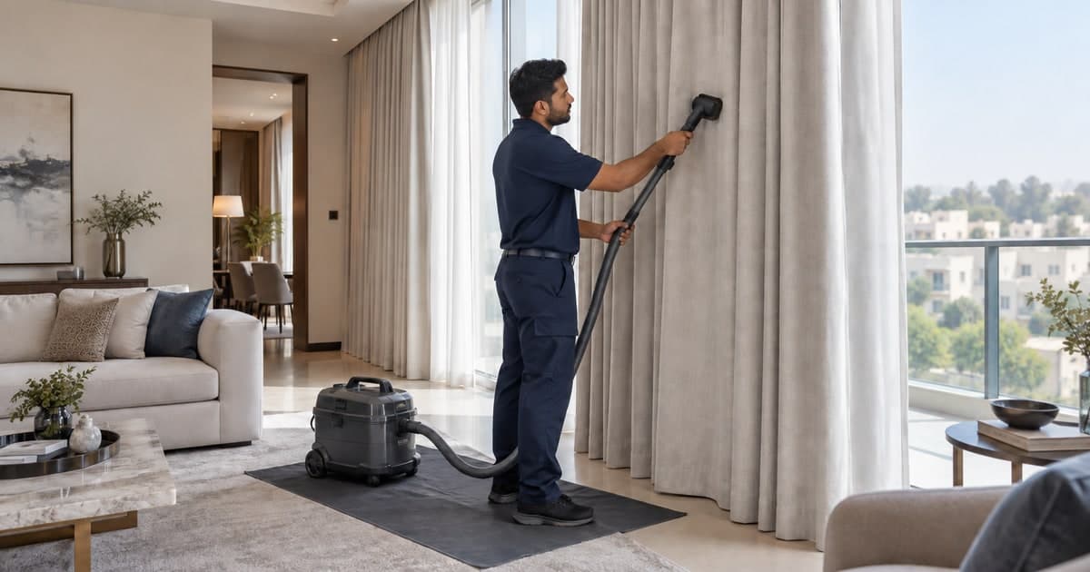 Technician gently vacuuming hanging curtains with a connected upholstery attachment