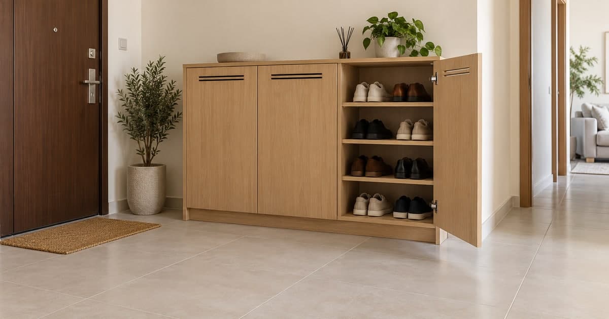 Light oak hallway shoe cabinet with ventilation slots and one open door showing footwear shelves