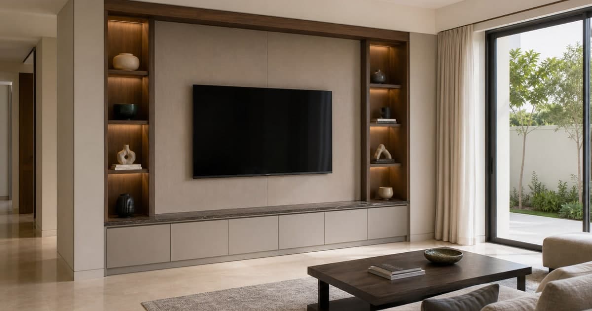 Fitted TV media wall with closed storage and illuminated shelving in a neutral living room