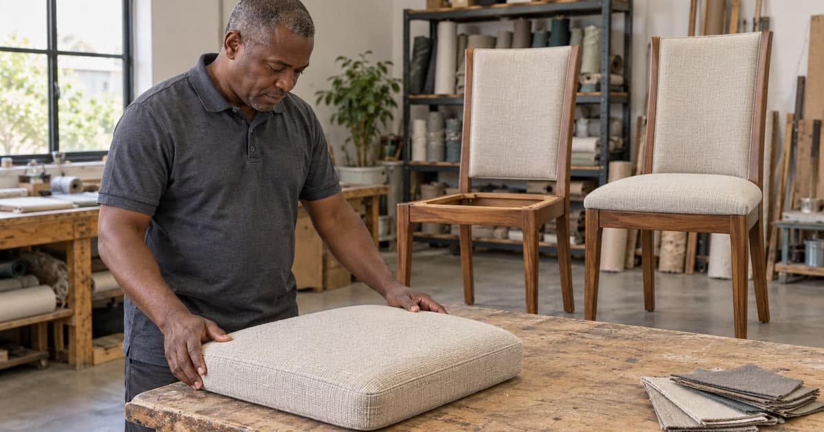 Upholsterer checking a covered dining seat pad beside two wooden dining chairs in a workshop