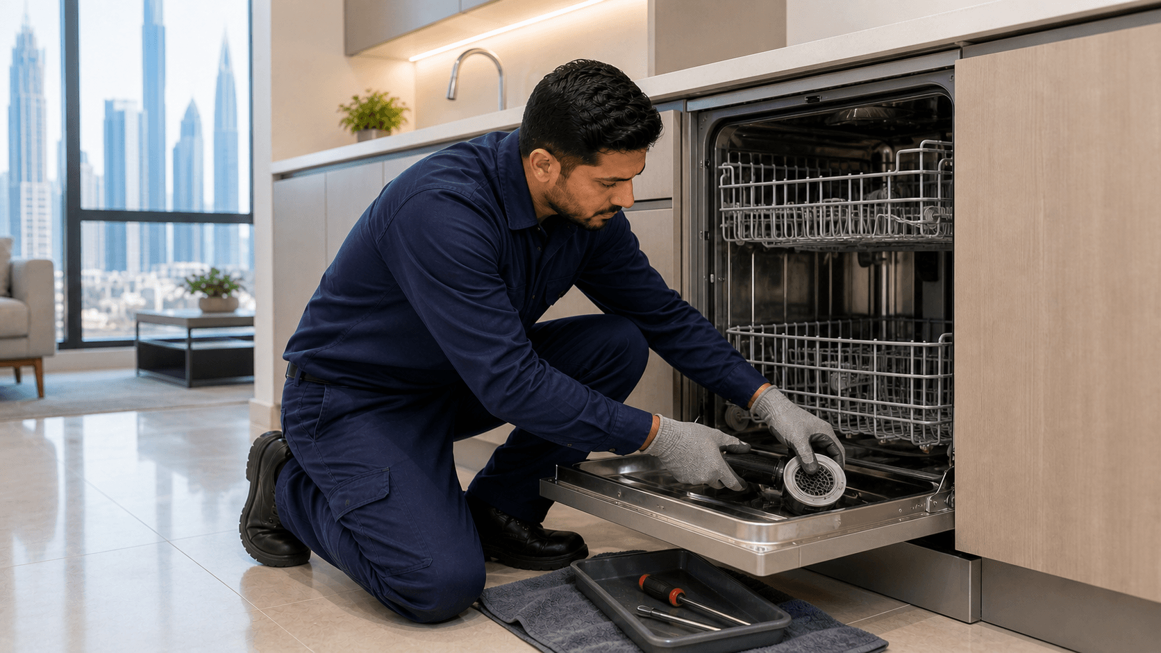 Dishwasher Repair Dubai Cost Guide 2026 - Dubai dishwasher repair often starts with AED 150-250 diagnosis, while pump, valve, hose, spray arm or board repairs can cost more.