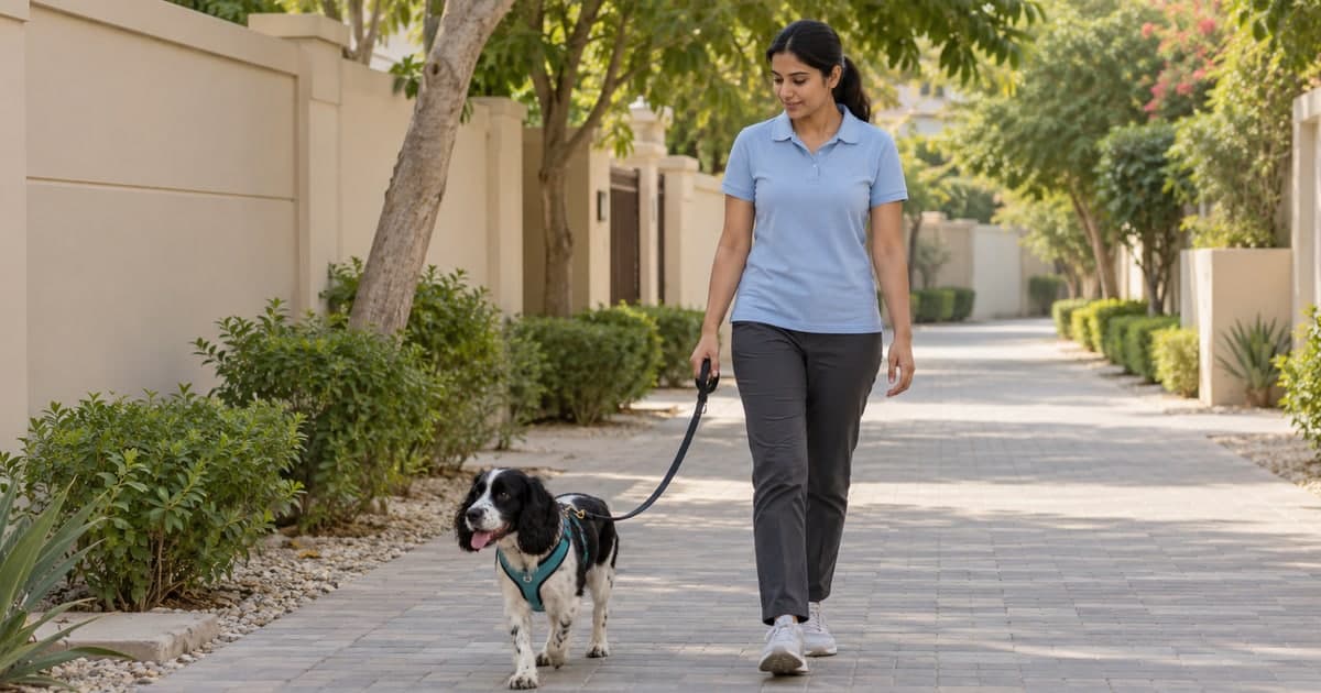Dog walker holding a slack lead attached to a spaniel’s harness on a shaded residential path