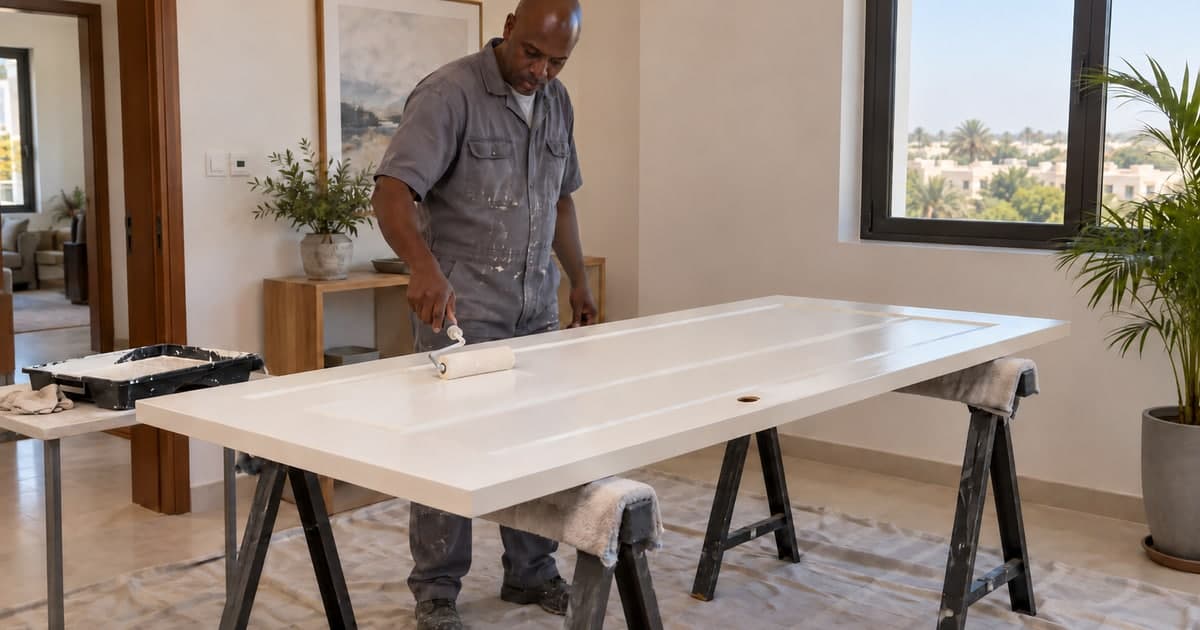 Painter applying a light finish to an unhung internal door resting horizontally on padded trestles