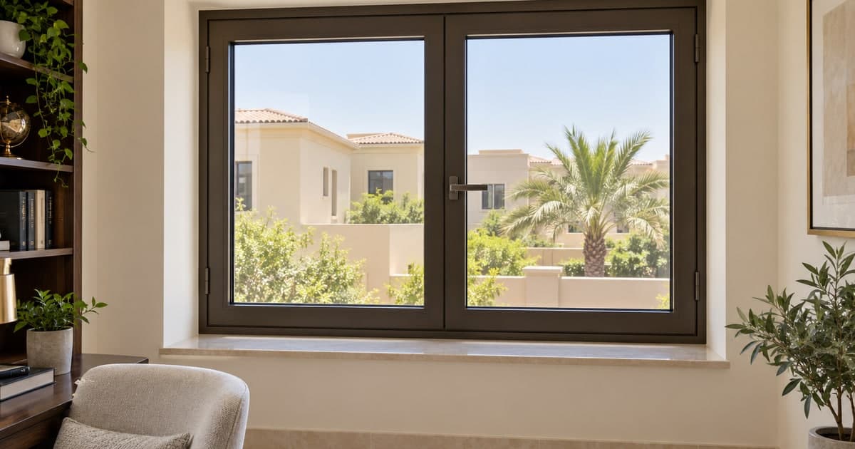 Closed aluminium-framed window in a bright villa room