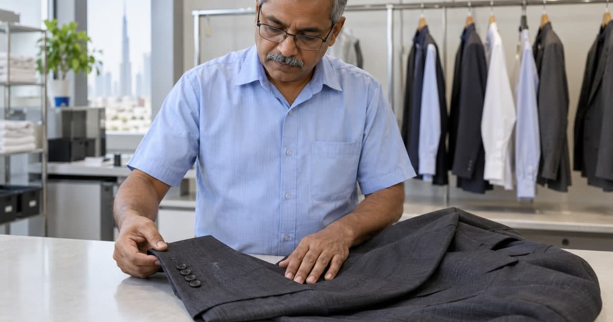 Garment-care worker inspecting the cuff of a charcoal suit jacket laid on a clean counter