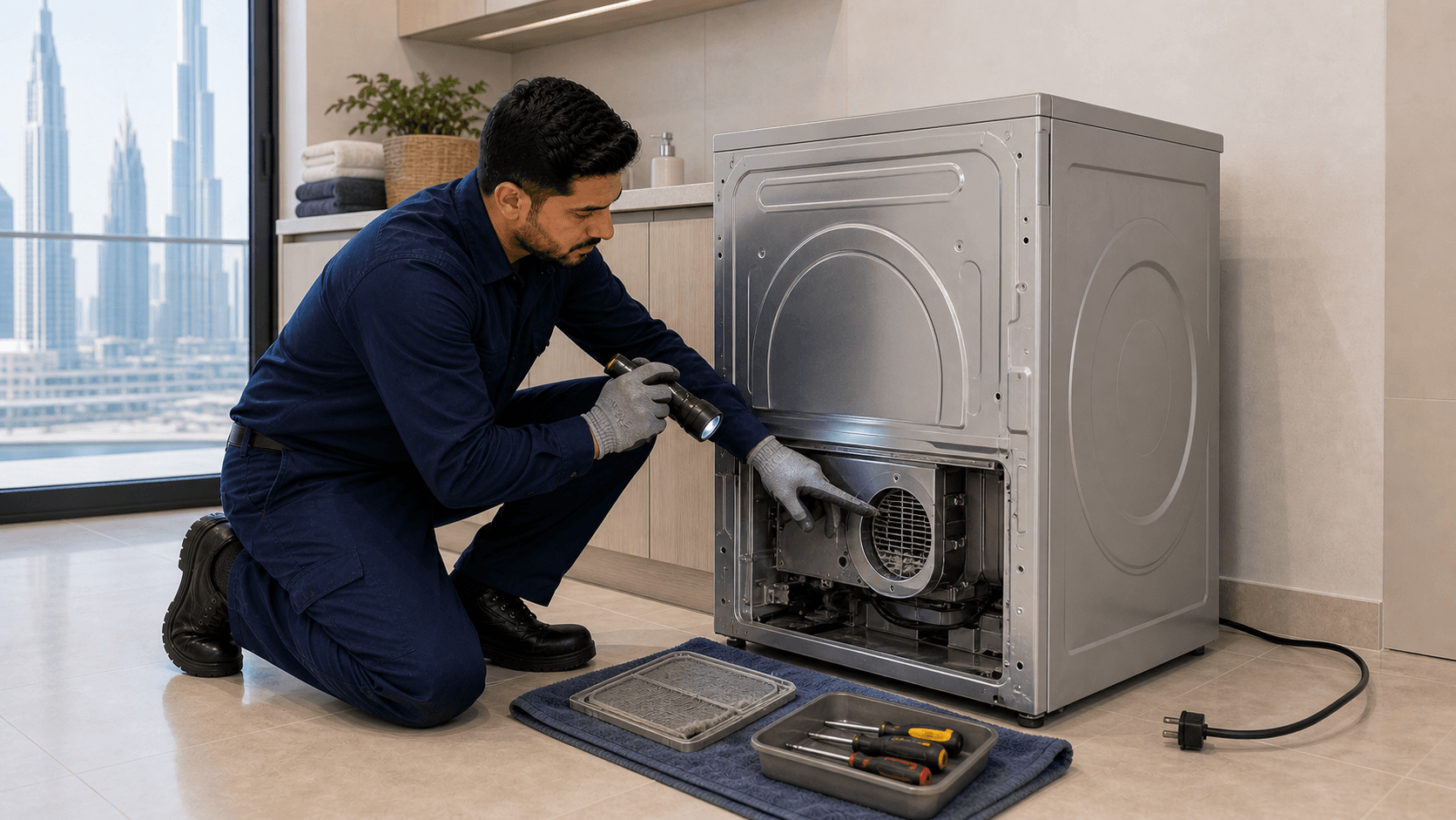 Dryer Repair Dubai Cost Guide 2026 - Dubai dryer repair often starts with AED 150-250 diagnosis, while heating, venting, belt, motor or board repairs can cost more.