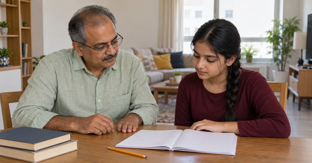 Older male tutor and teenage student discussing a notebook in an open home study area