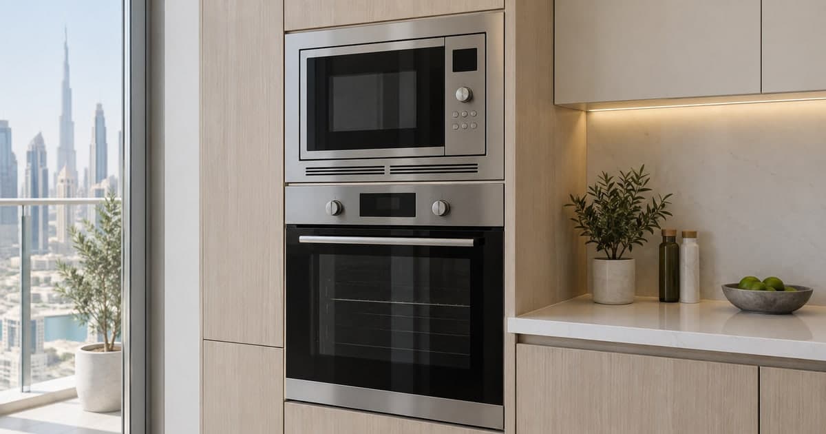 Built-in electric oven below a separate microwave in a kitchen cabinet