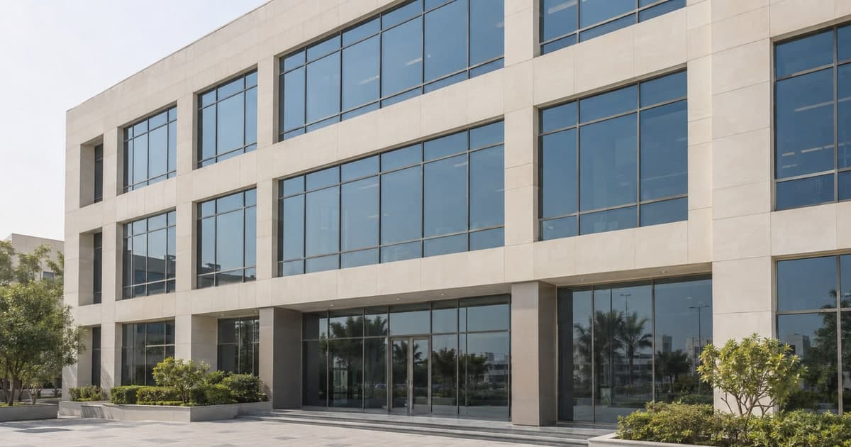 External glazing and stone cladding on a low-rise office building with a wide forecourt