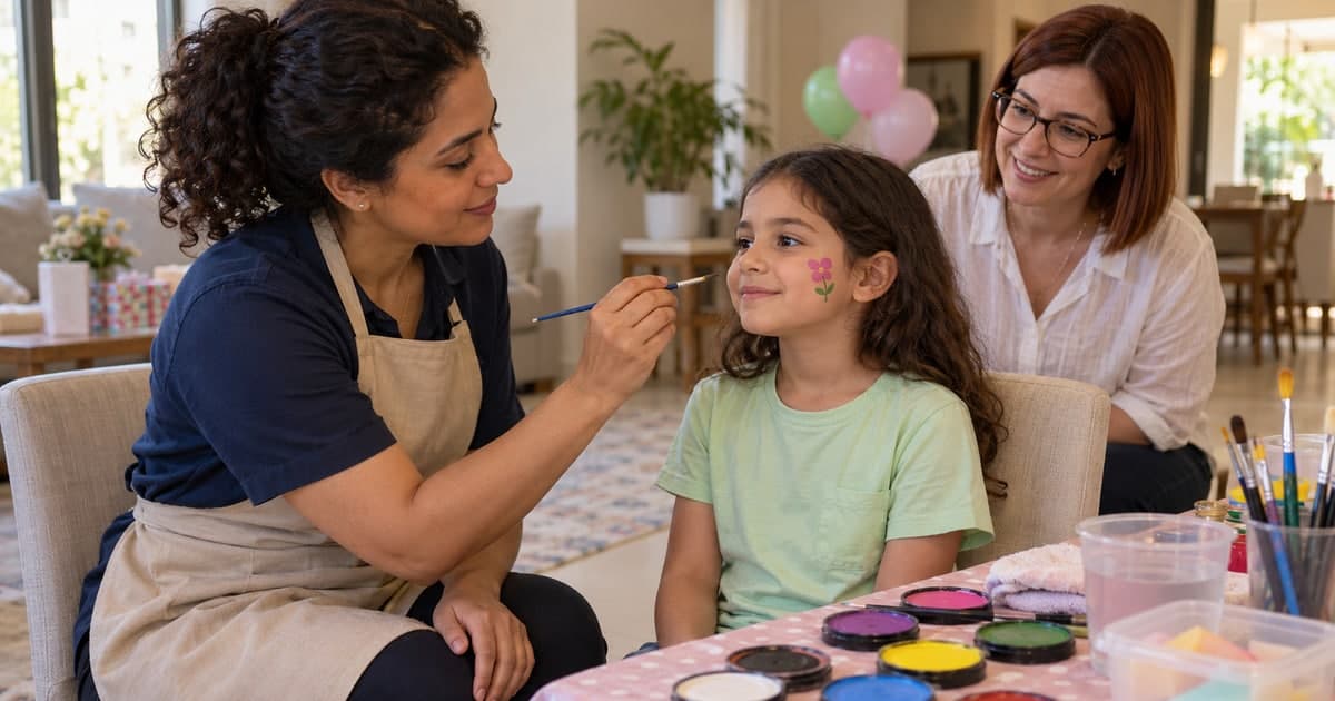 Face painter checking a small cheek design while a parent sits beside the child.