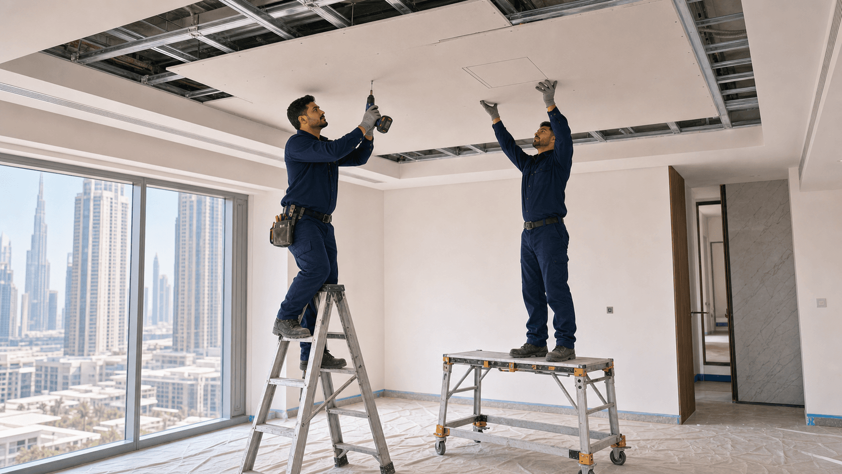 False Ceiling Dubai Cost Guide 2026 - Dubai false ceiling work often starts around AED 70-150 per sqm for flat gypsum, while cove lighting, access panels and AC changes add cost.