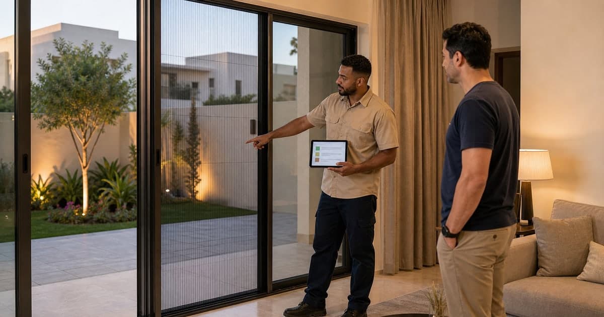 Technician discussing a framed insect screen at a villa opening