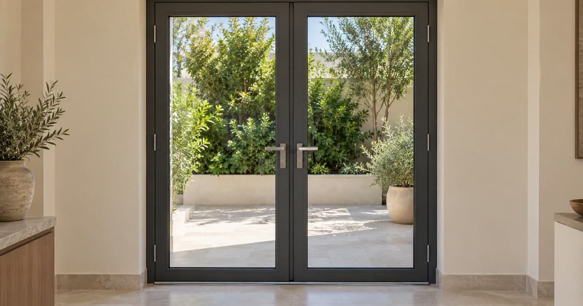 Closed paired glazed French doors facing a villa patio