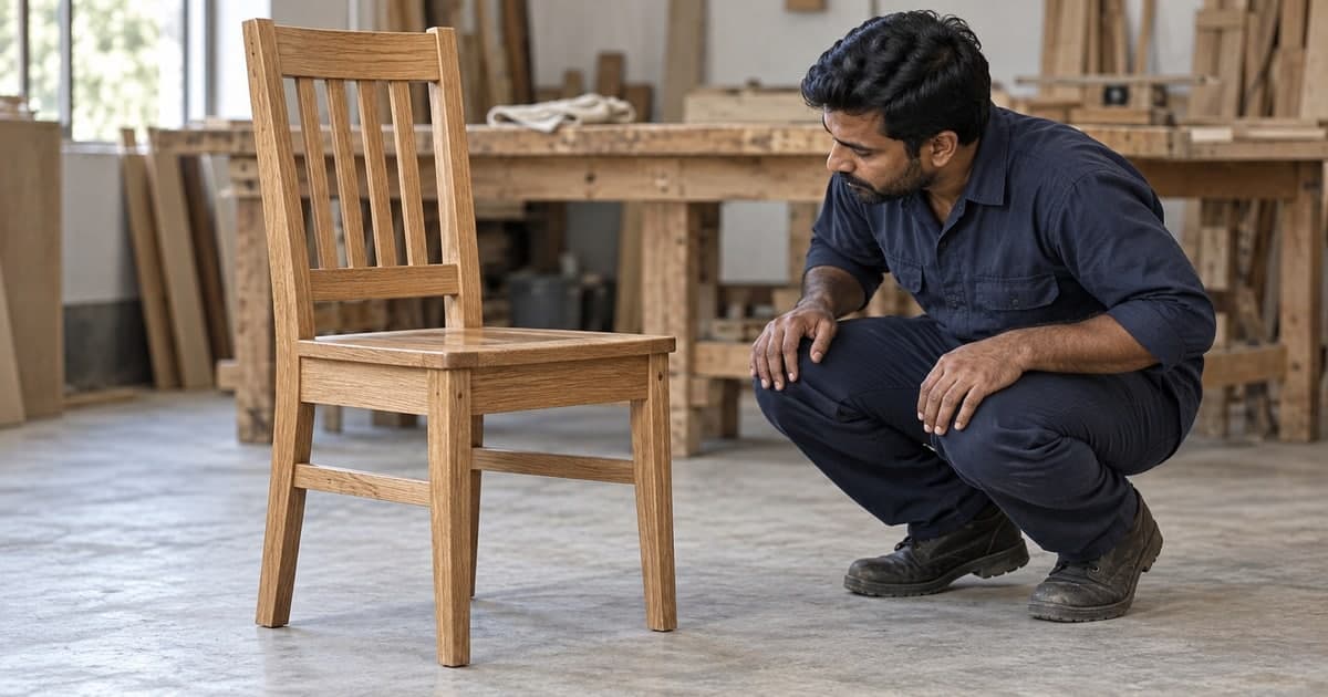 Carpenter visually inspecting an upright wooden dining chair in a workshop