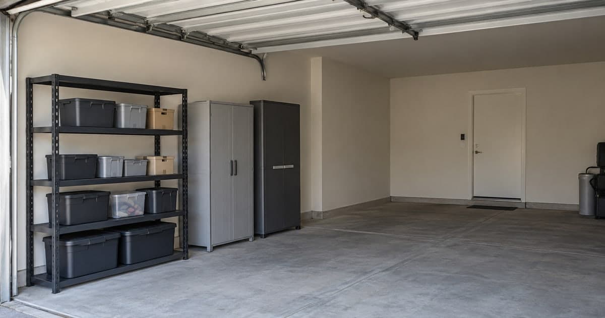 Storage rack and tall units beside clear garage floor space