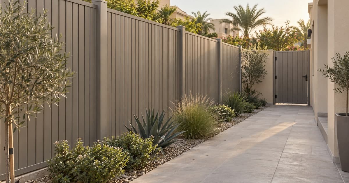 Tall grey vertical-slat garden privacy fence and closed gate beside a villa path